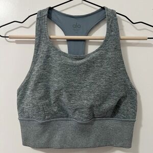 Alo Yoga XS Heather Gray Racerback Sports Bra Ribbed Band Workout‎ Activewear